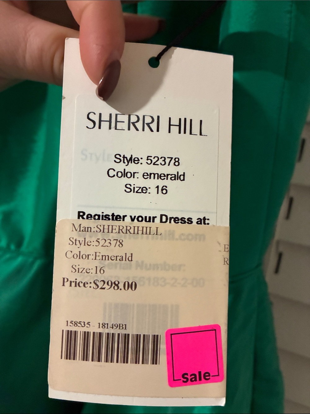 Sherri Hill Emerald Green Satin V-Neck Spaghetti Strap Mini Dress - Picture 7 of 10
